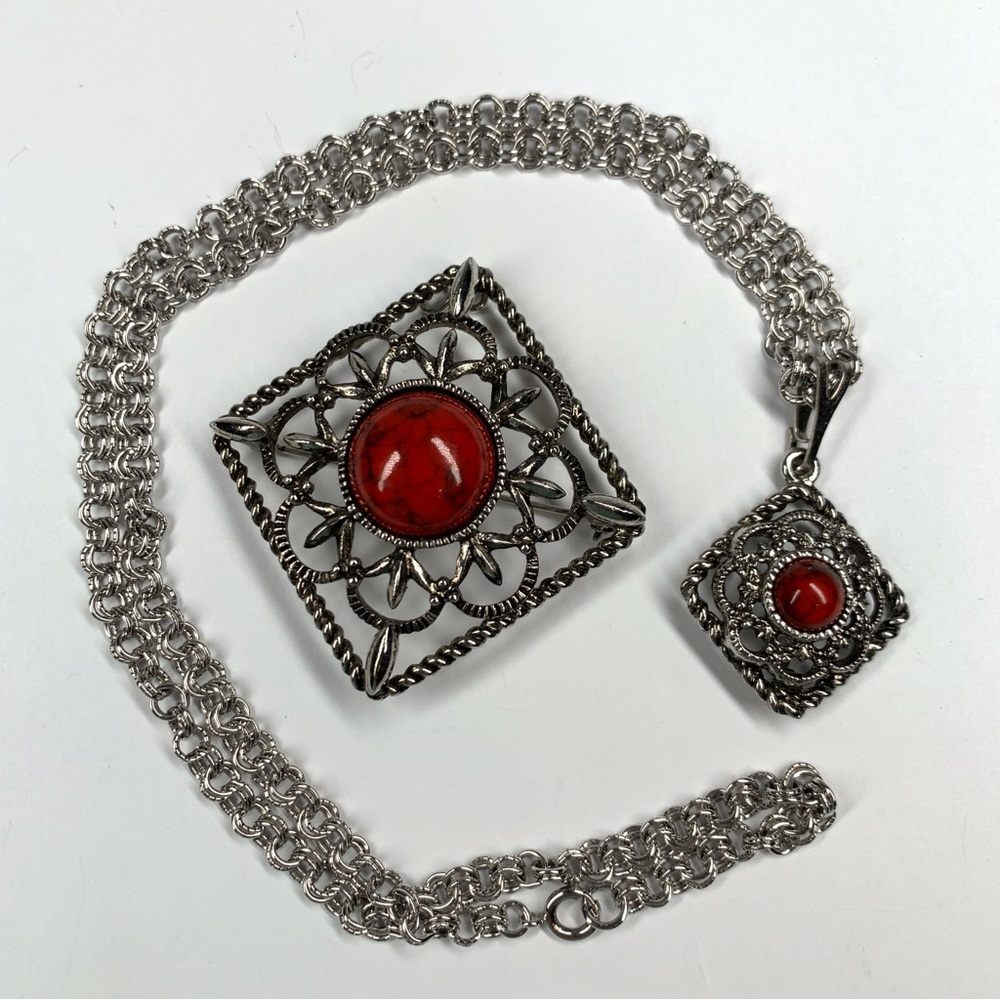 Vtg Sara Coventry Necklace Brooch Inca Fire Deamond 22” Chain 1970’s Pendant Pin